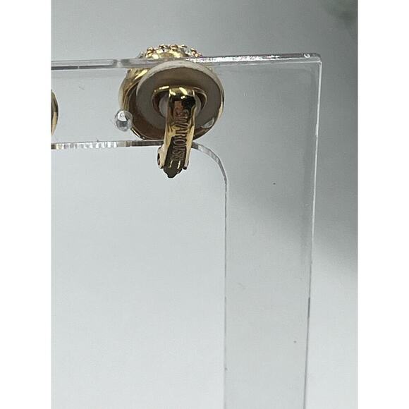 Swarovski Signed Swan Domed Button 18k Gold Plated Crystal Pave Clip On Earrings - Picture 7 of 15